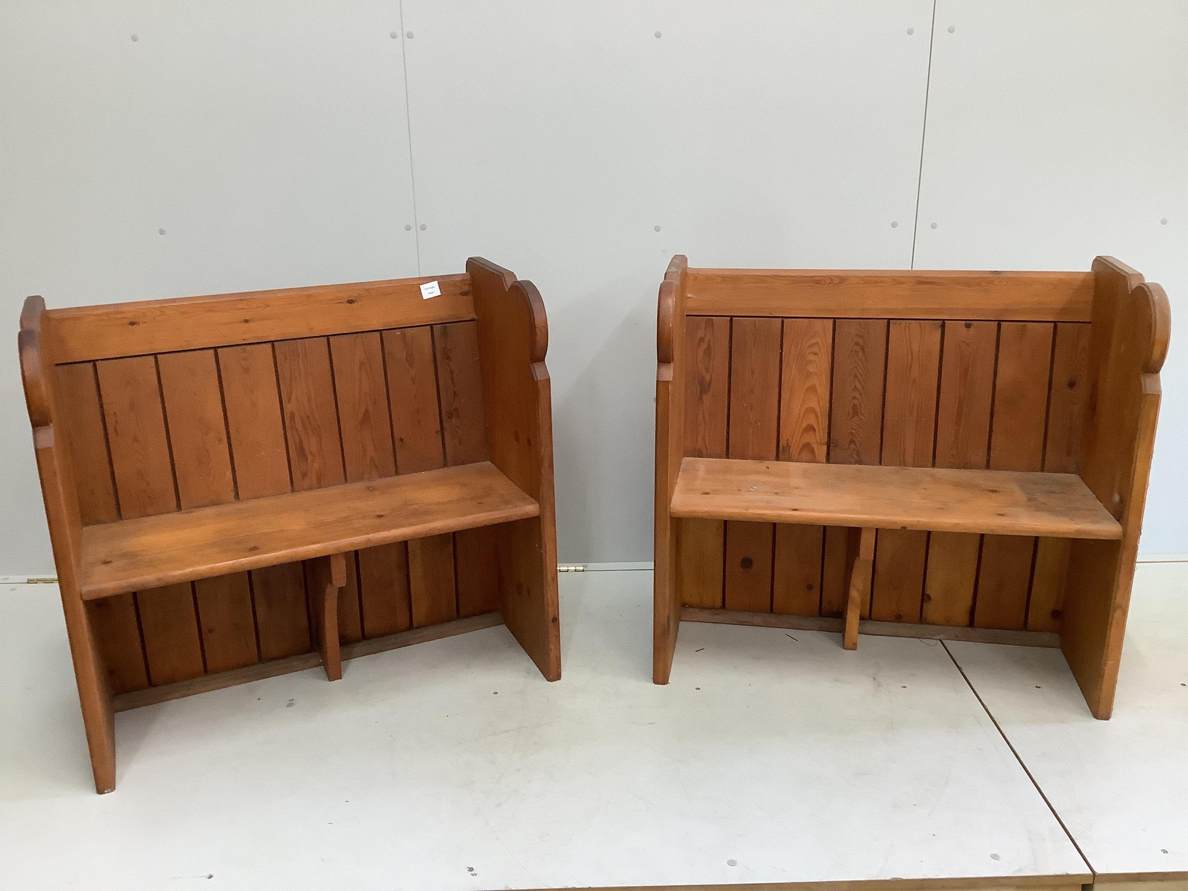 A pair of small pitch pine pews, width 92cm, depth 44cm, height 87cm